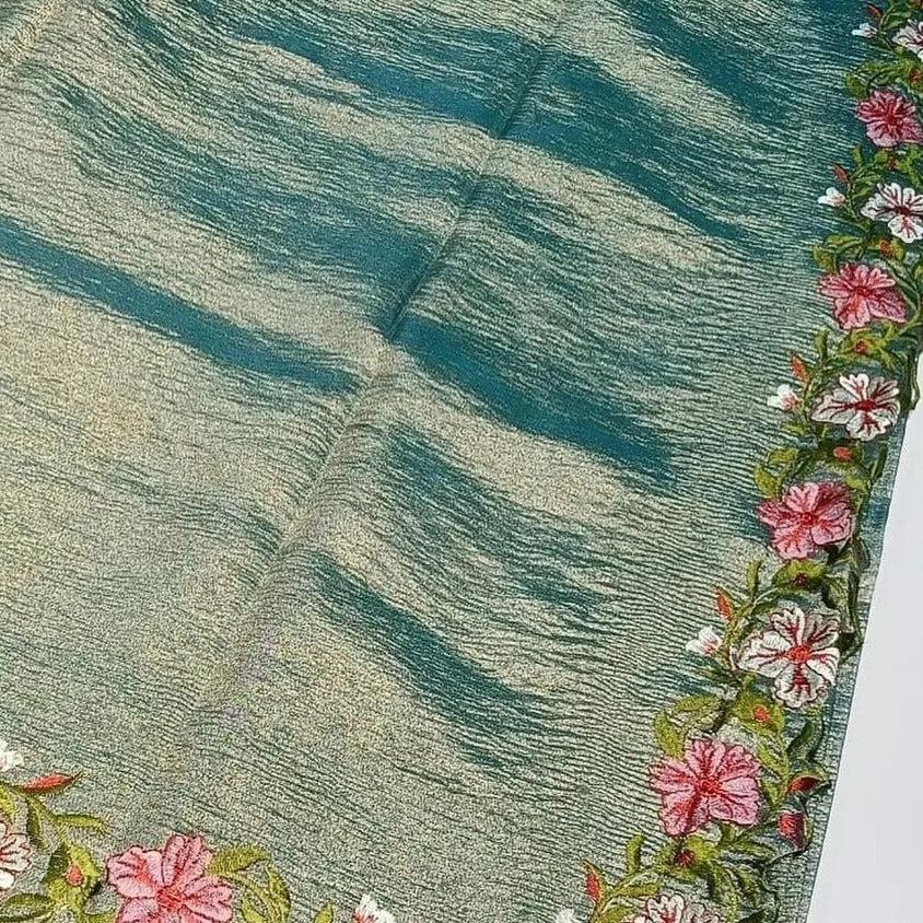 Greenish blue Banarasi Crush Tissue Embroidery Cutwork Saree Alna Apparels