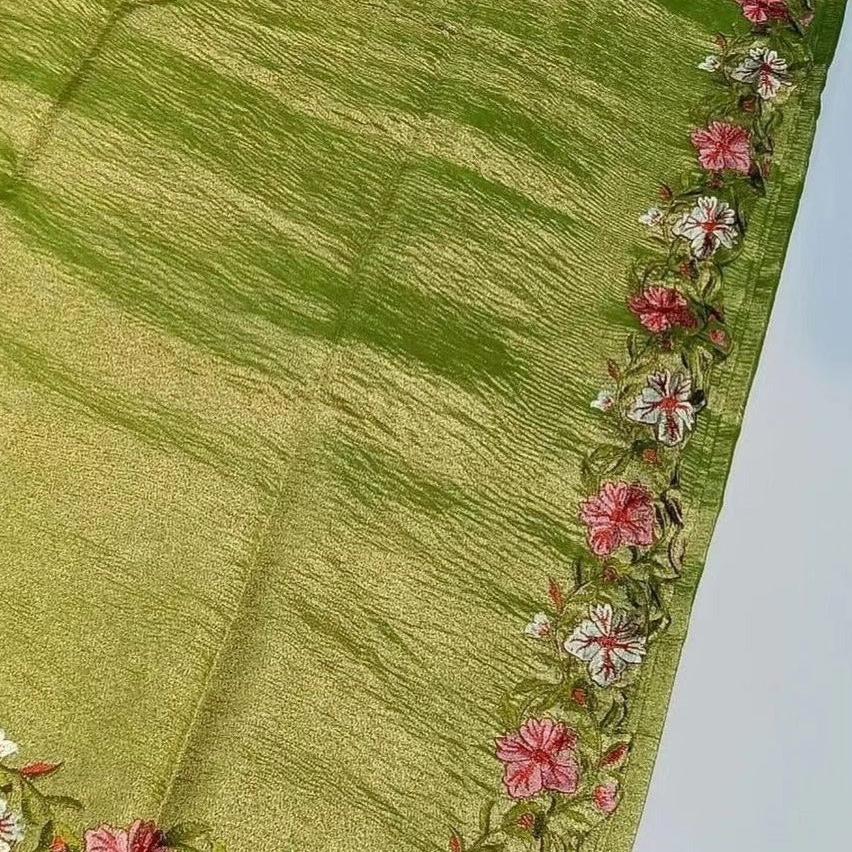 Green Banarasi Crush Tissue Embroidery Cutwork Saree Alna Apparels