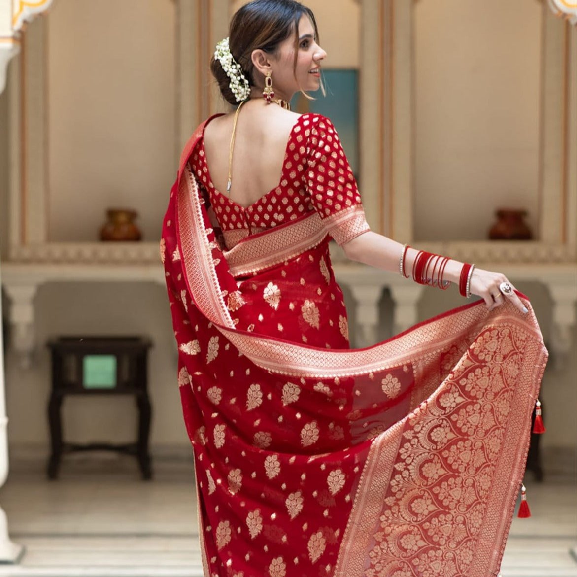 Red Banarasi Georgette Saree Alna Apparels