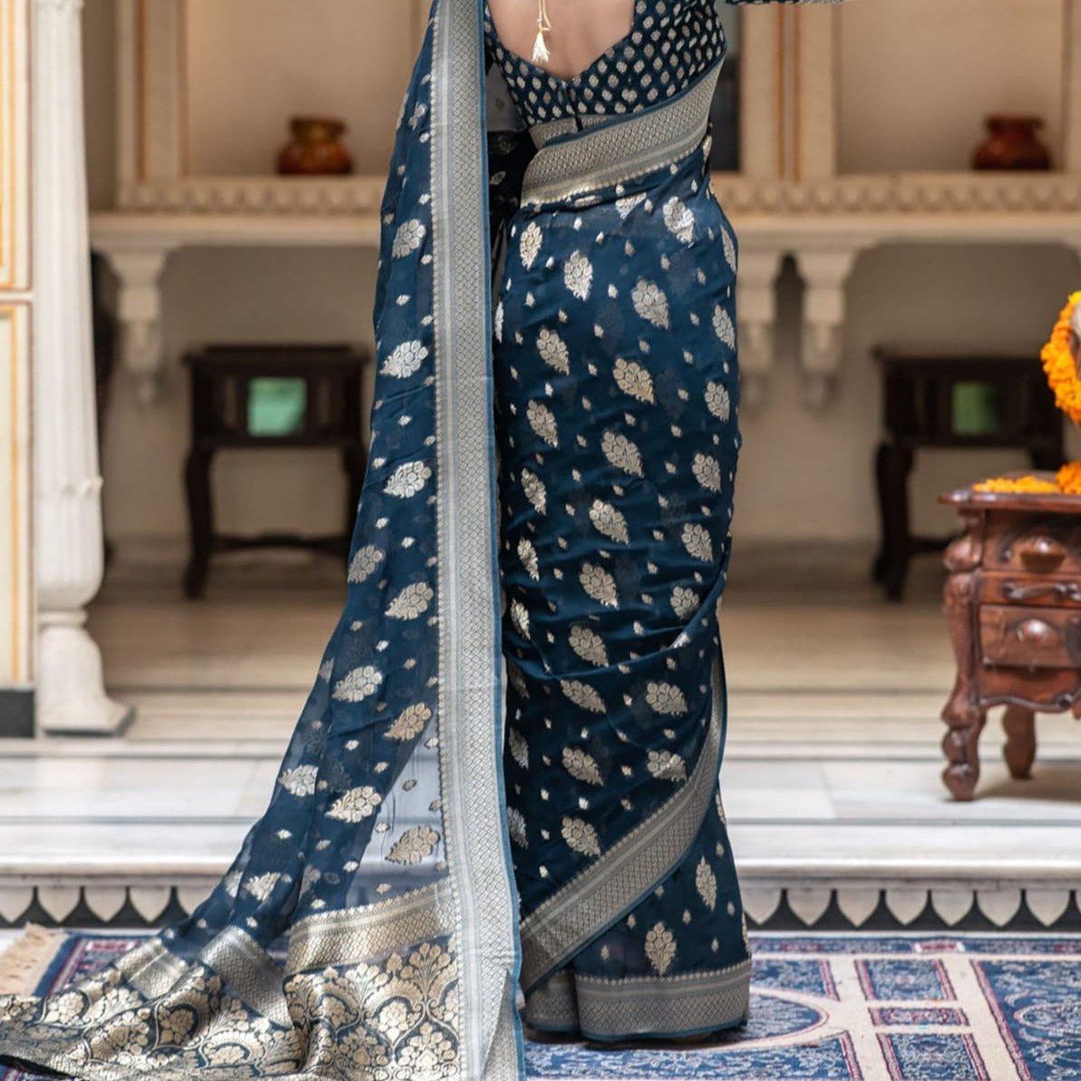 Navy Blue Banarasi Georgette Saree Alna Apparels