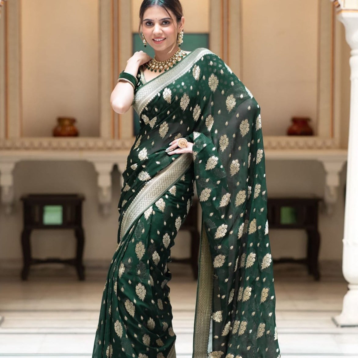 Green Banarasi Georgette Saree Alna Apparels