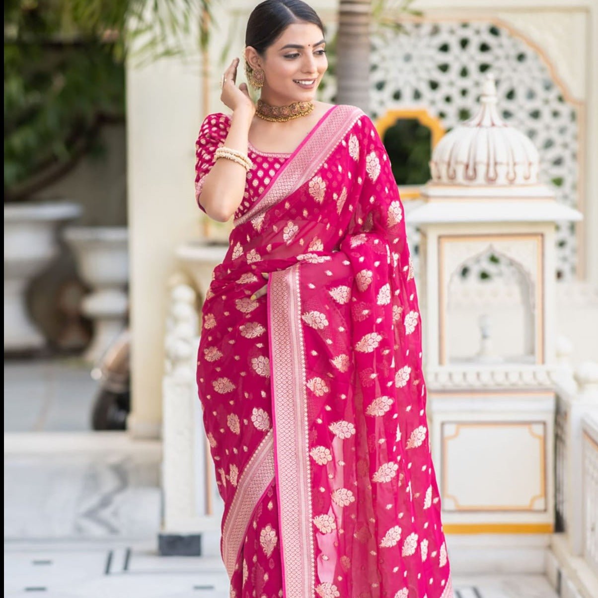 Pink Banarasi Georgette Saree Alna Apparels