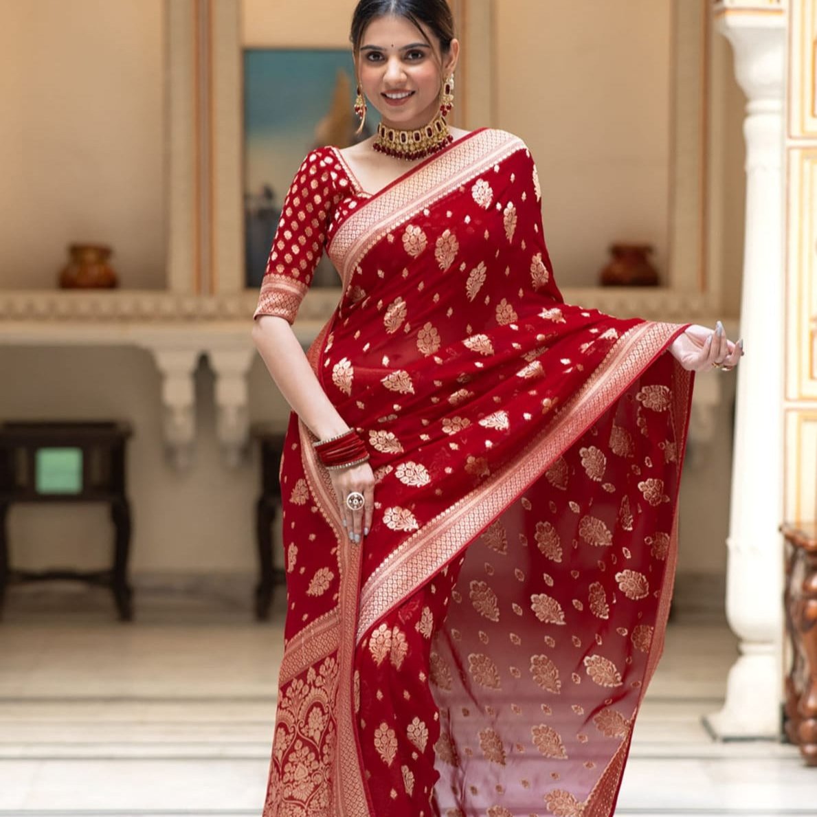 Red Banarasi Georgette Saree Alna Apparels