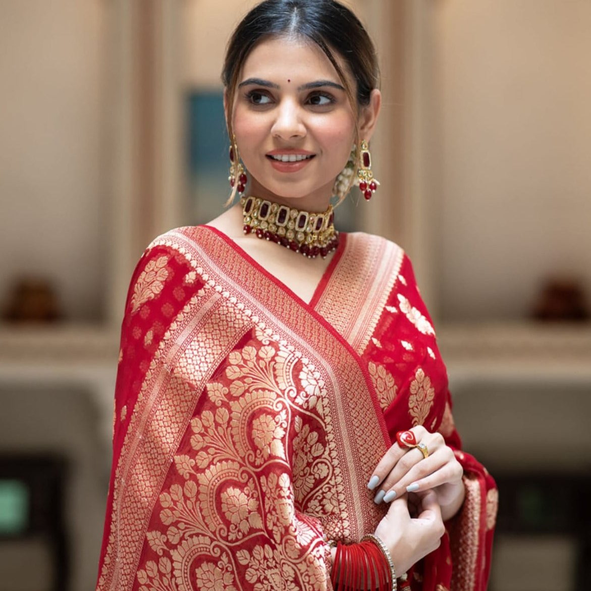 Red Banarasi Georgette Saree Alna Apparels