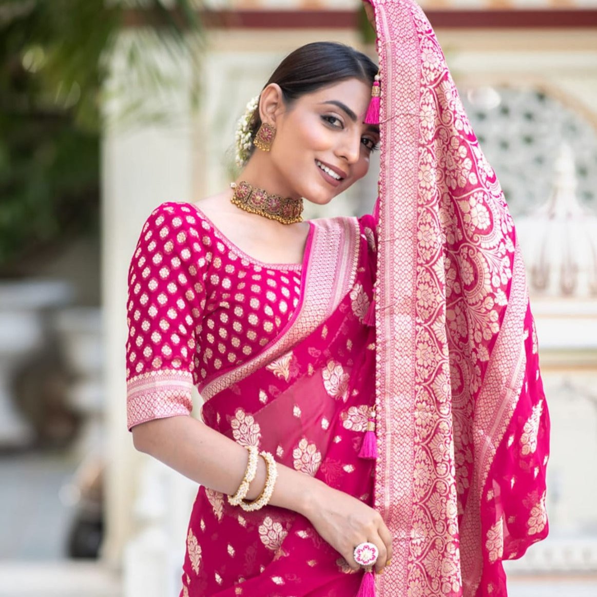 Pink Banarasi Georgette Saree Alna Apparels