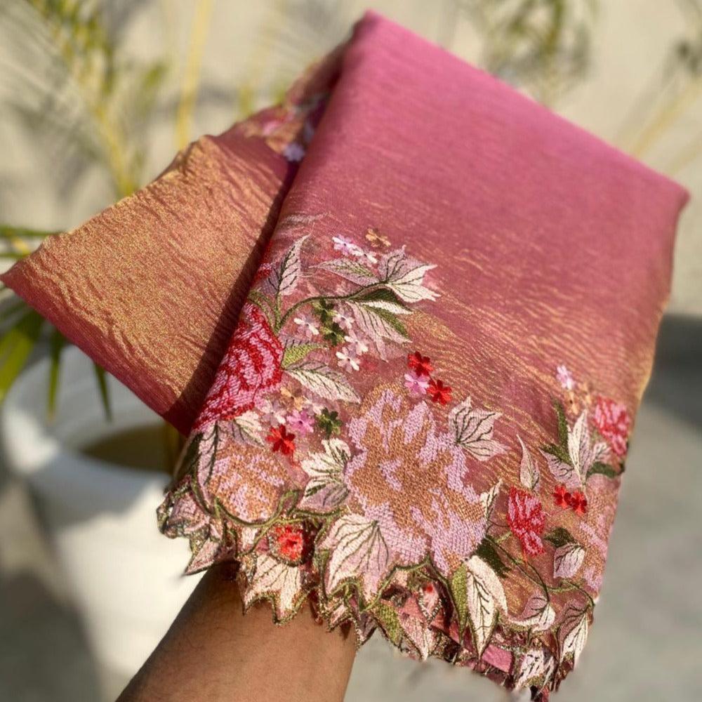 Pink Banarasi Crush Tissue Embroidery Cutwork Saree Alna Apparels