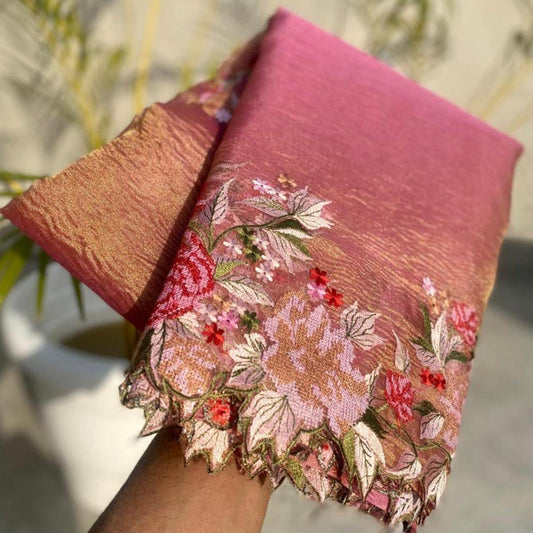 Pink Banarasi Crush Tissue Embroidery Cutwork Saree Alna Apparels