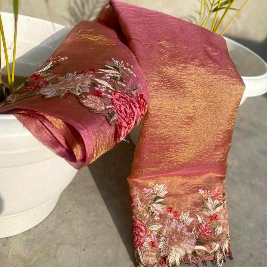 Pink Banarasi Crush Tissue Embroidery Cutwork Saree Alna Apparels