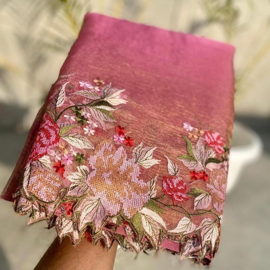 Pink Banarasi Crush Tissue Embroidery Cutwork Saree Alna Apparels