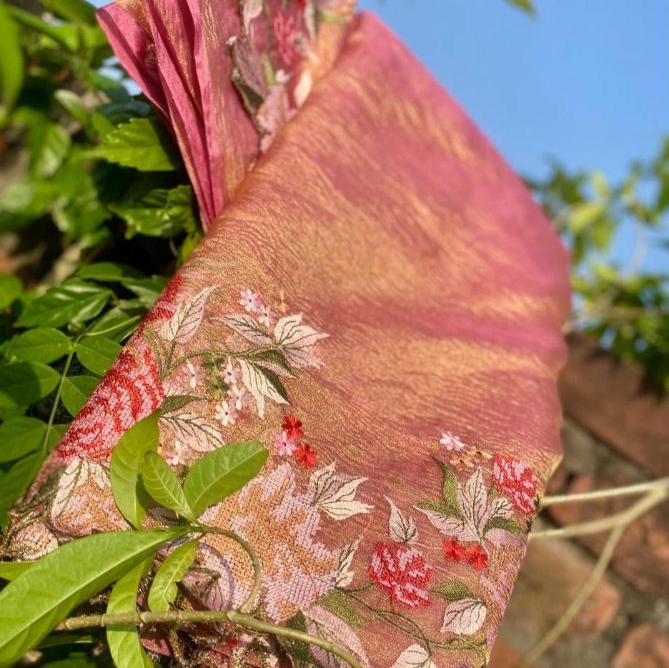 Pink Banarasi Crush Tissue Embroidery Cutwork Saree Alna Apparels