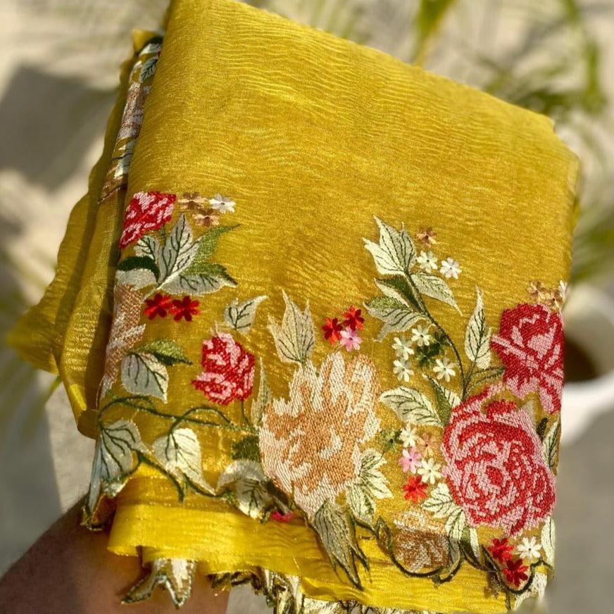 Gold Banarasi Crush Tissue Embroidery Cutwork Saree Alna Apparels