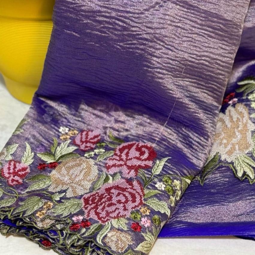 Purple Banarasi Crush Tissue Embroidery Cutwork Saree Alna Apparels