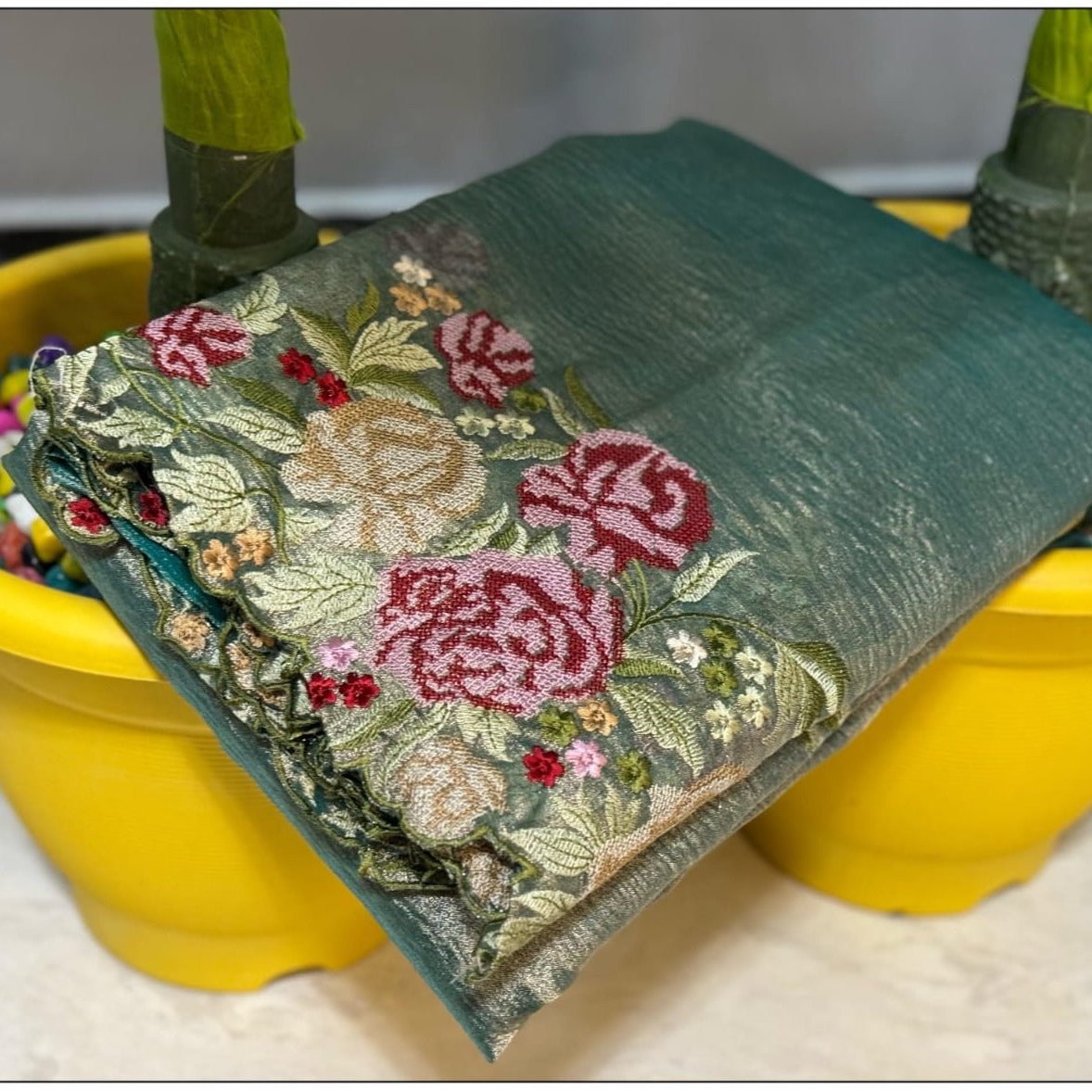 Blue Banarasi Crush Tissue Embroidery Cutwork Saree Alna Apparels