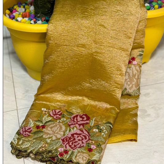 Gold Banarasi Crush Tissue Embroidery Cutwork Saree Alna Apparels