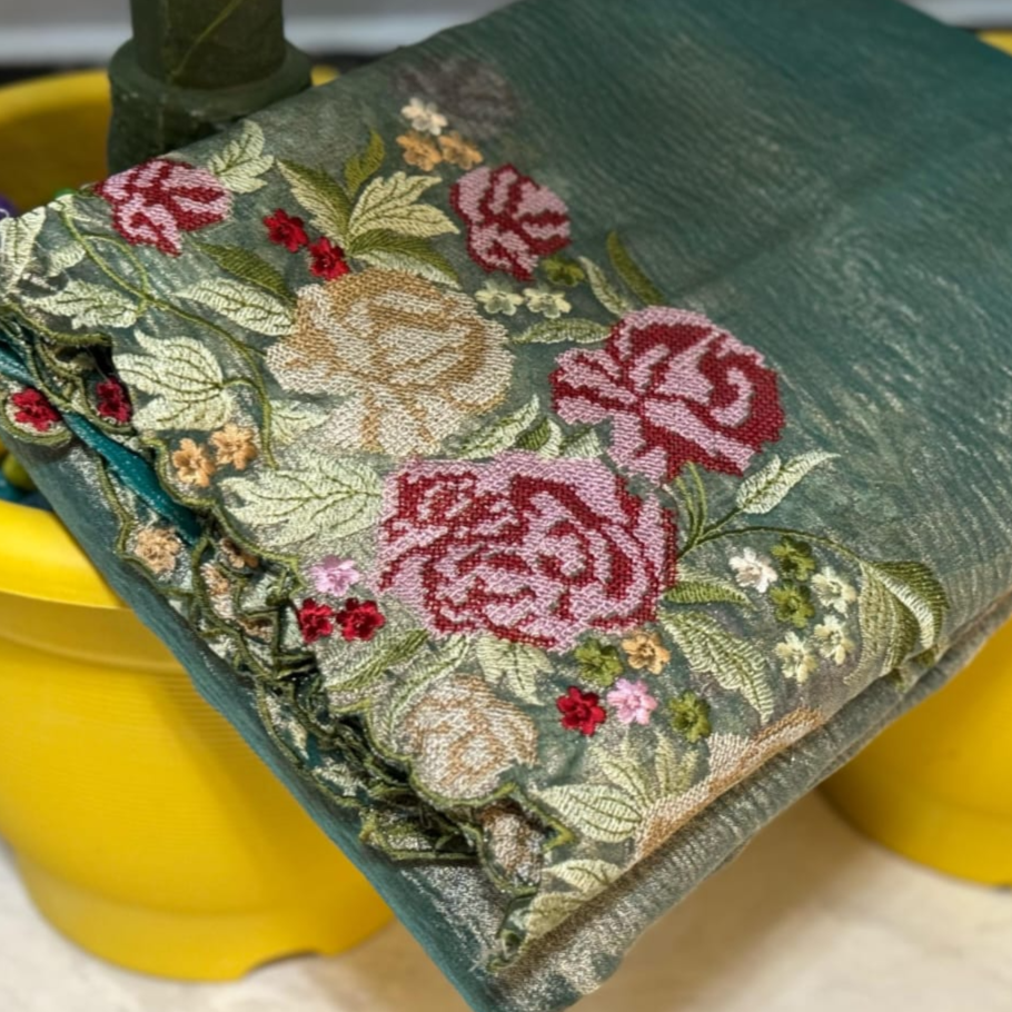 Blue Banarasi Crush Tissue Embroidery Cutwork Saree Alna Apparels