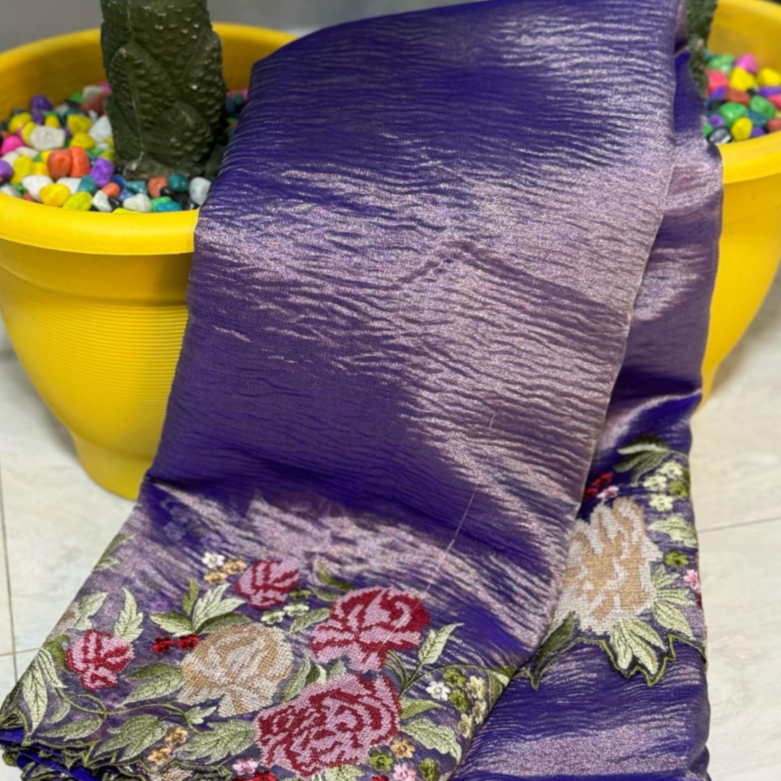 Purple Banarasi Crush Tissue Embroidery Cutwork Saree Alna Apparels