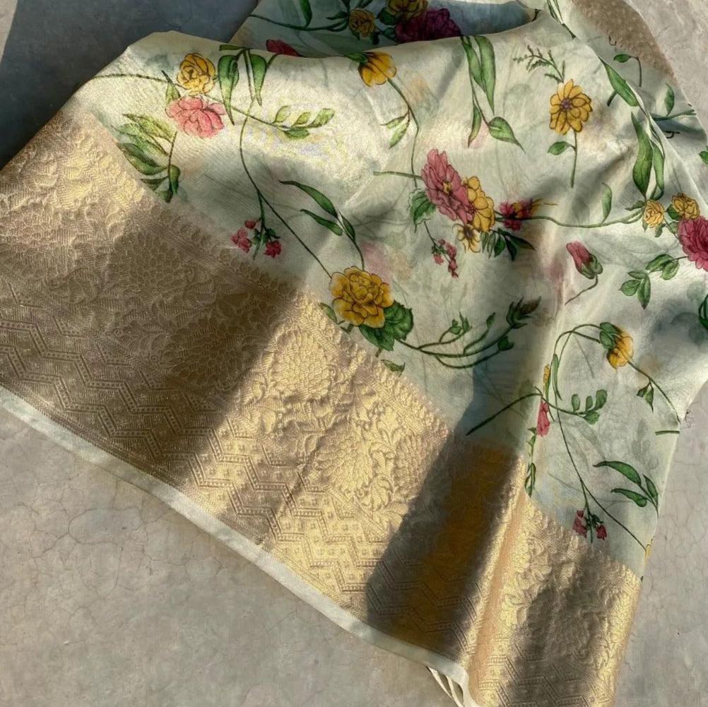 Silver Color Banarasi Tissue Printed Saree Alna Apparels