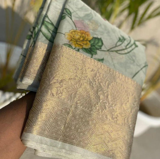 Silver Color Banarasi Tissue Printed Saree Alna Apparels