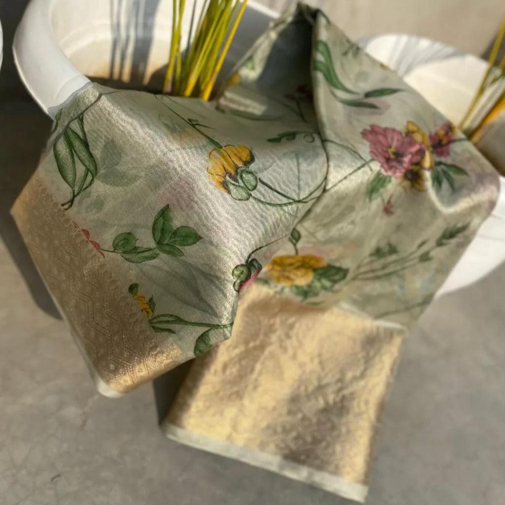 Silver Color Banarasi Tissue Printed Saree Alna Apparels