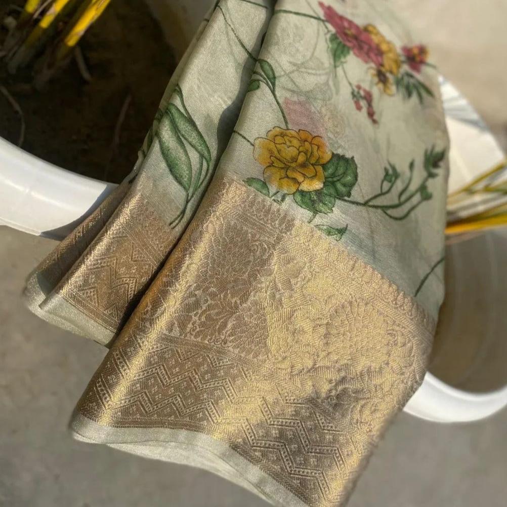 Silver Color Banarasi Tissue Printed Saree Alna Apparels