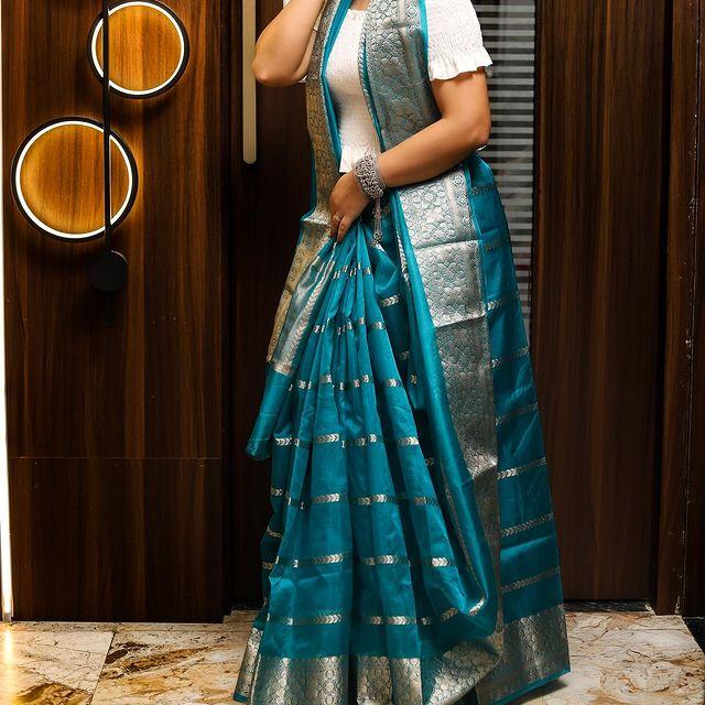 Blue Banarasi Organza Silk Saree Alna Apparels