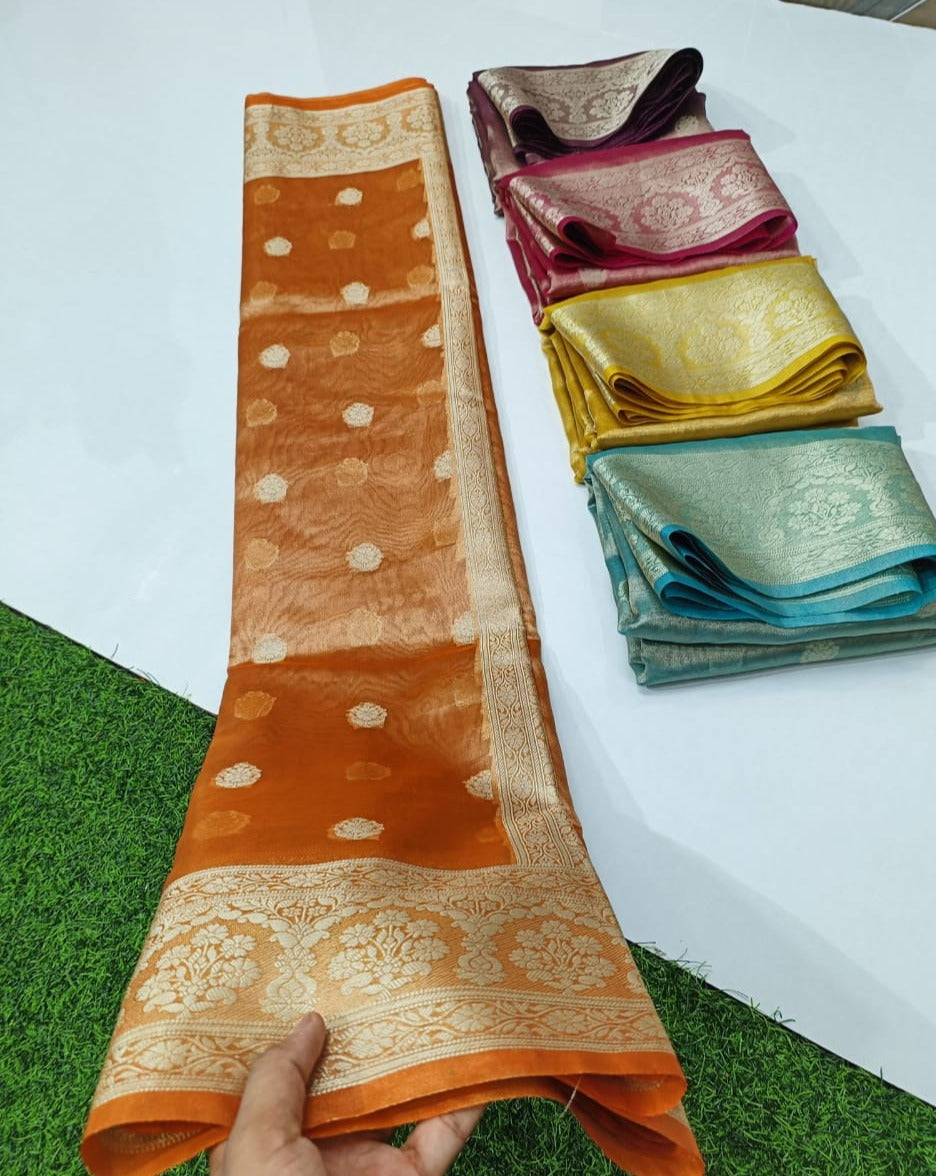 Orange Banarasi Tissue Silk Saree Alna Apparels