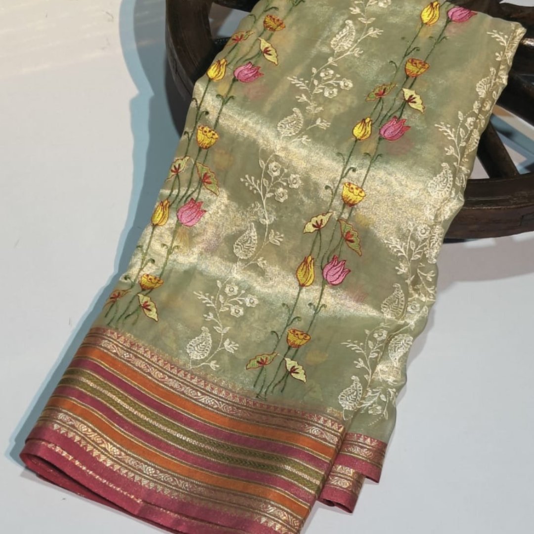 White Banarasi Tissue Embroidery Saree Alna Apparels