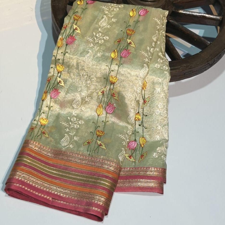 White Banarasi Tissue Embroidery Saree Alna Apparels