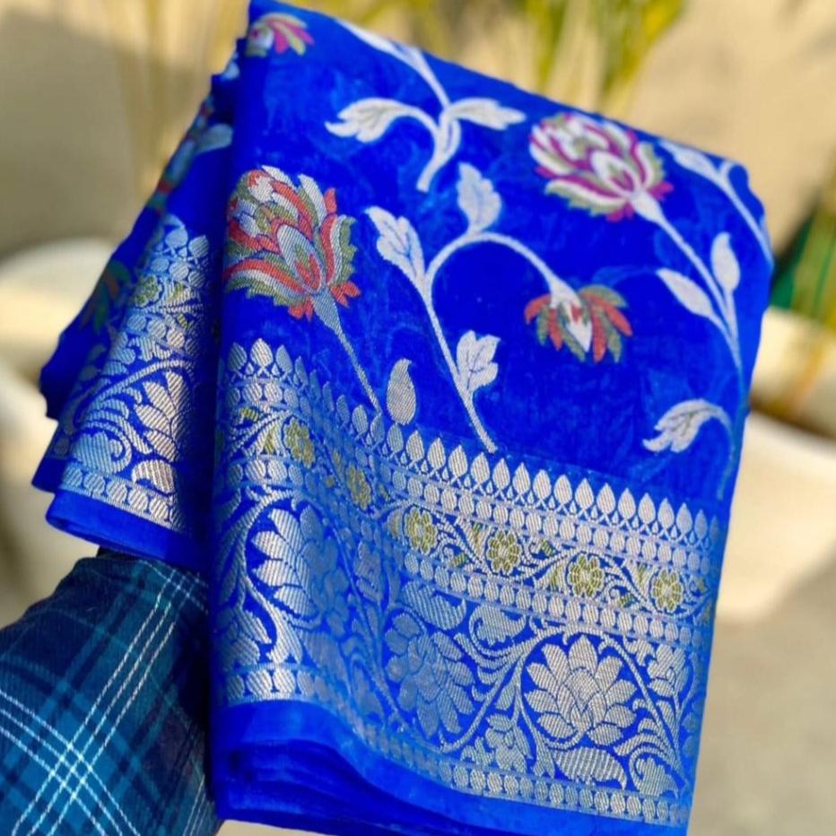 Blue Meenakari work Banarasi Silk Saree Alna Apparels