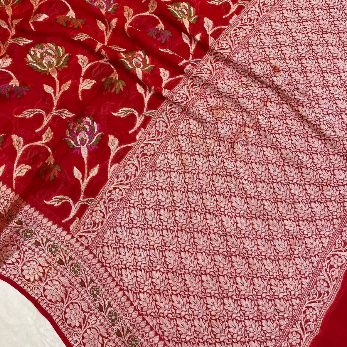 Red Meenakari work Banarasi Silk Saree Alna Apparels