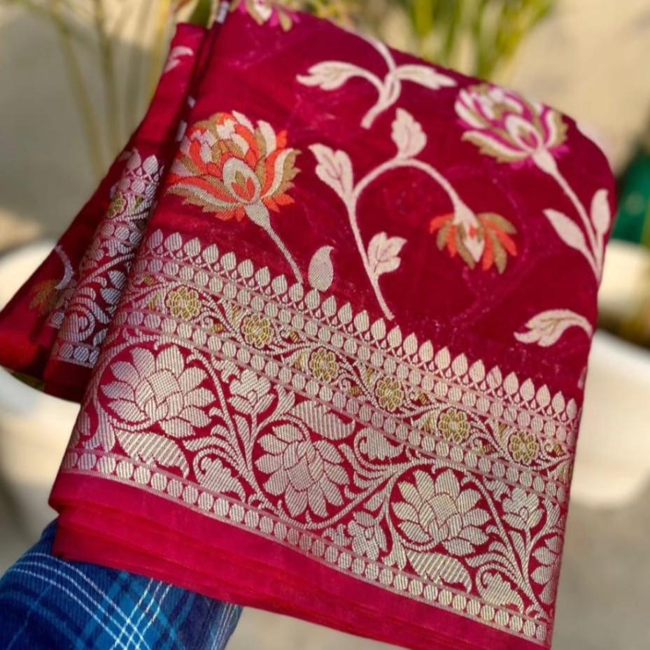 Red Meenakari work Banarasi Silk Saree Alna Apparels