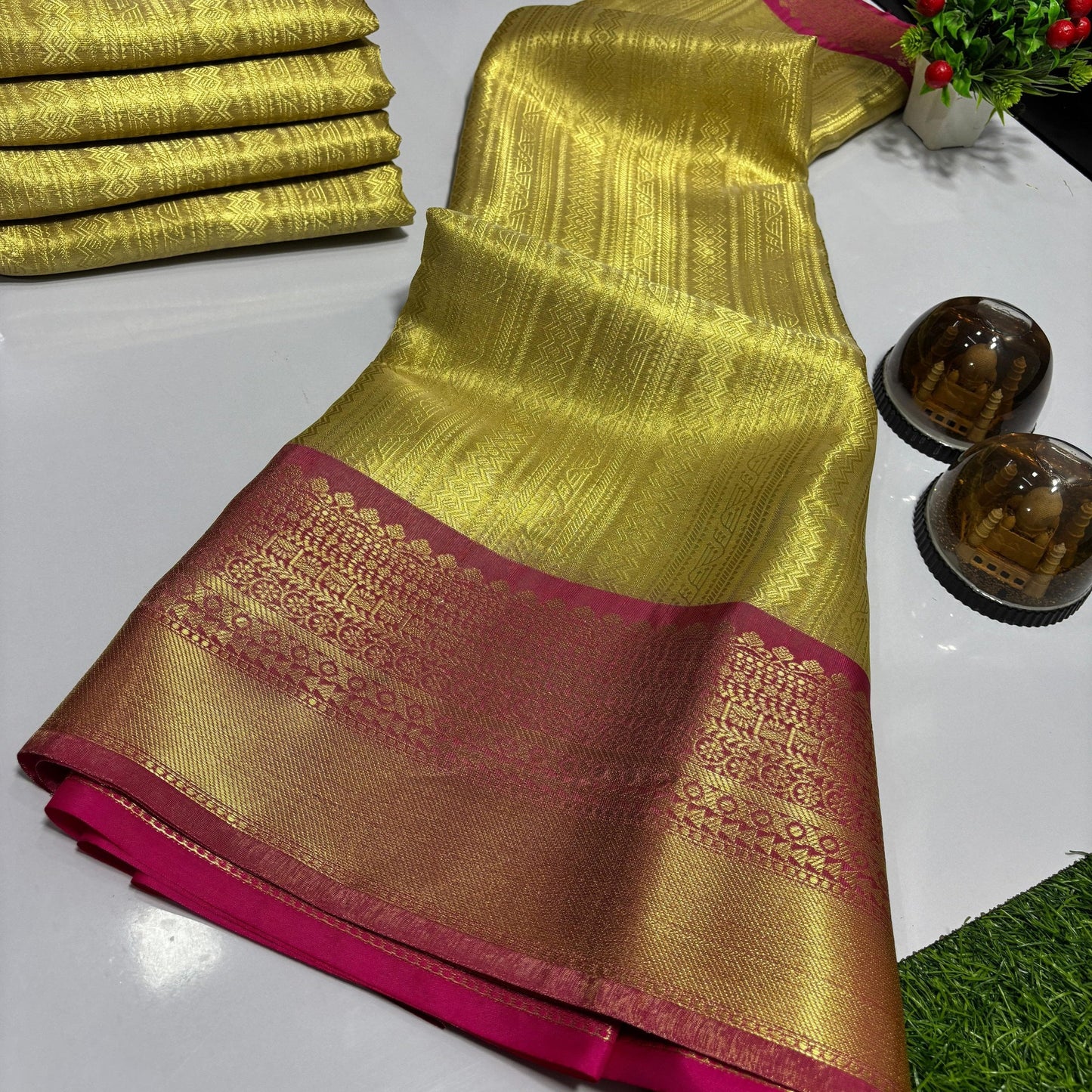 Gold Banarasi Soft Tissue Silk Saree Alna Apparels