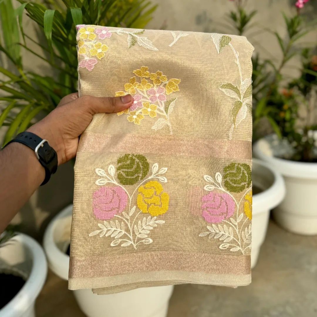 Beige Color Banarasi Embroidery Tissue Silk Saree Alna Apparels