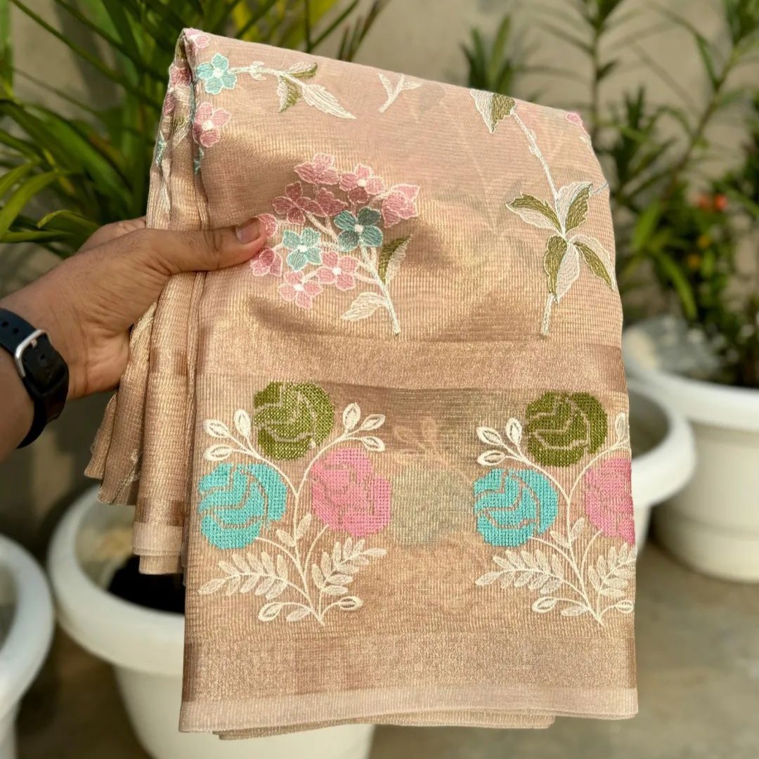 Cream Color Banarasi Embroidery Tissue Silk Saree Alna Apparels