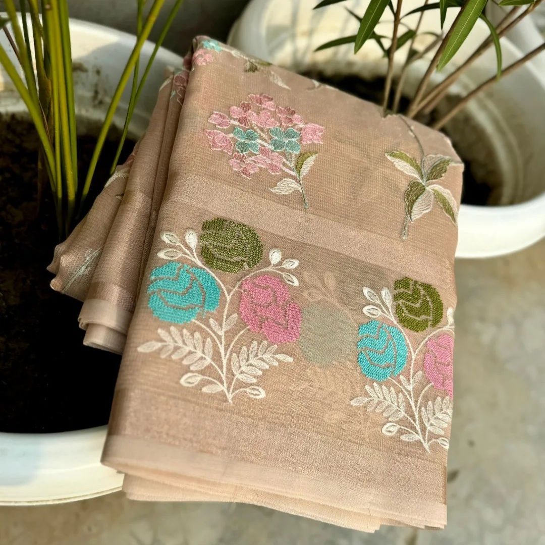 Cream Color Banarasi Embroidery Tissue Silk Saree Alna Apparels