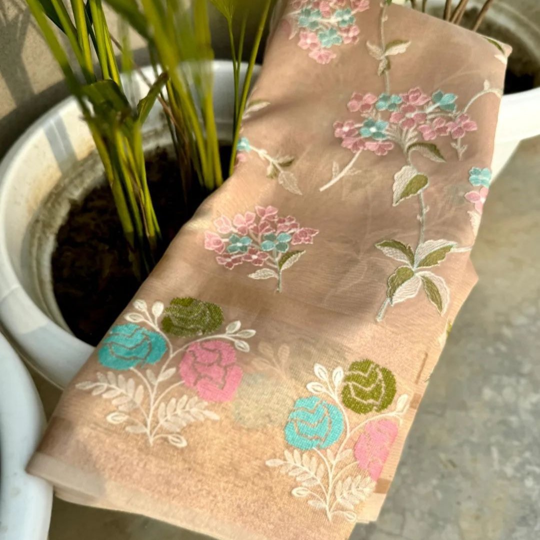 Cream Color Banarasi Embroidery Tissue Silk Saree Alna Apparels