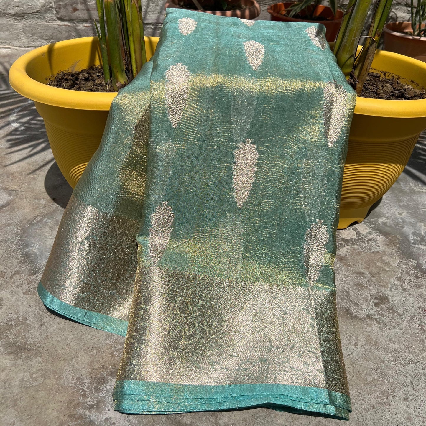 Bluish Green Banarasi Crush Tissue Silk Saree Alna Apparels