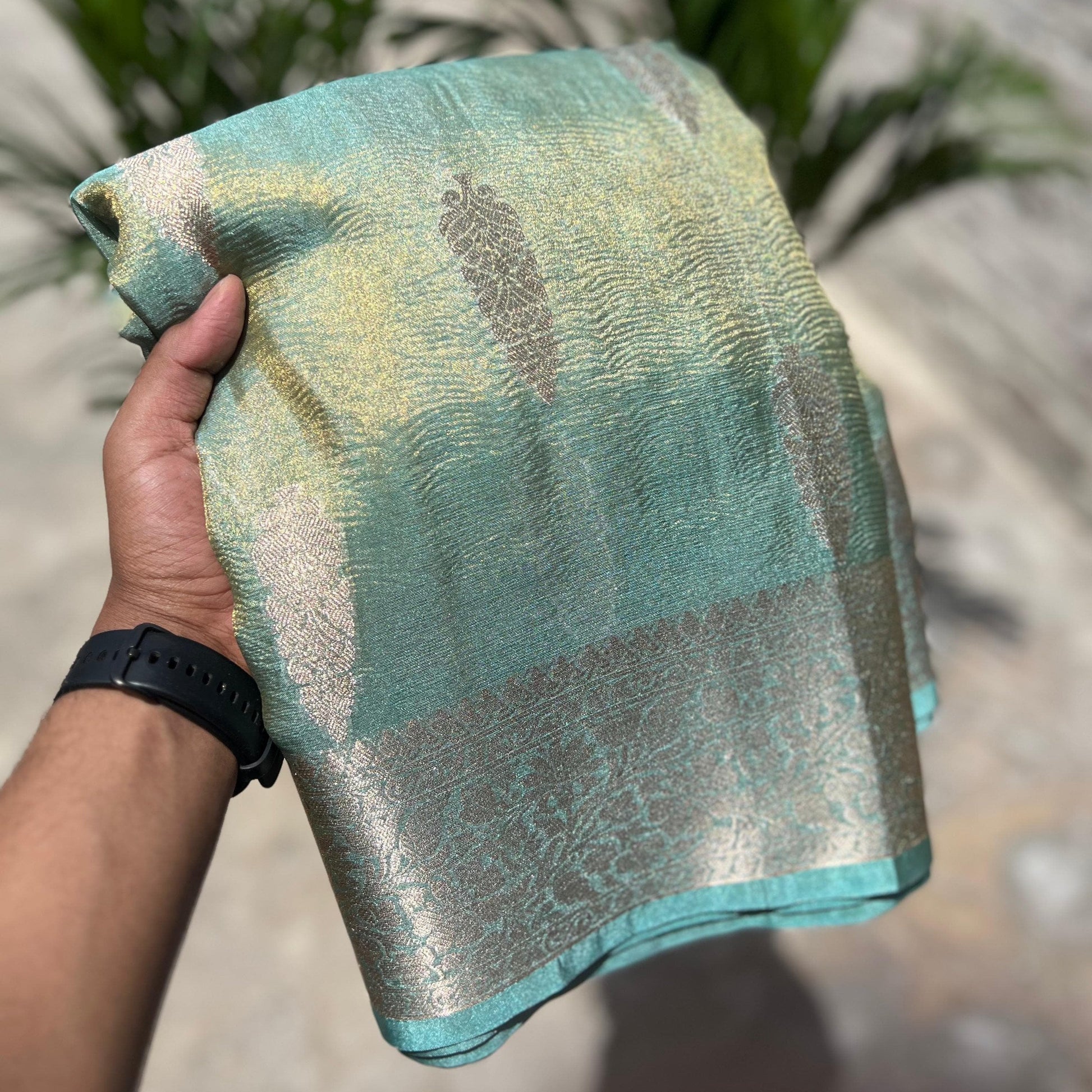 Bluish Green Banarasi Crush Tissue Silk Saree Alna Apparels