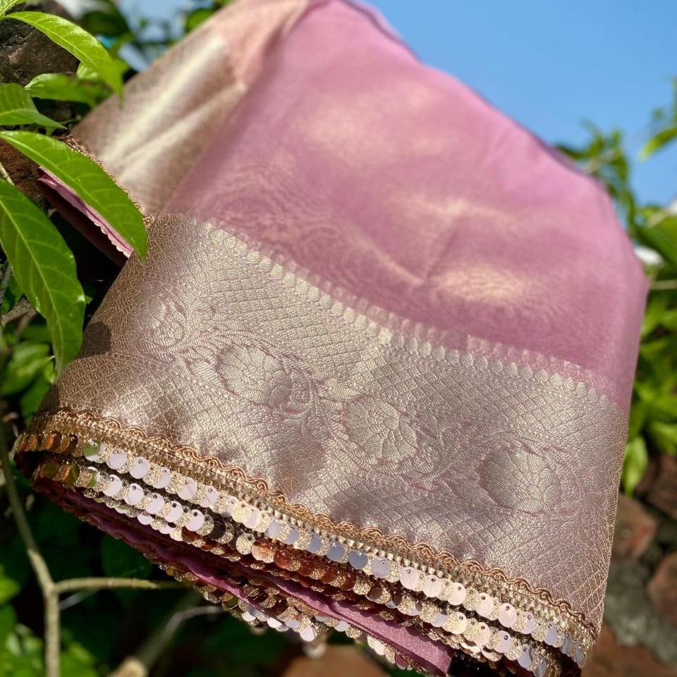 Janvi Kapoor inspired Pink Banarasi Tissue Silk Saree Alna Apparels