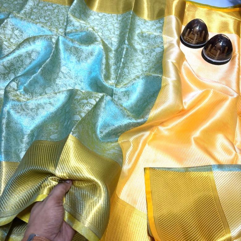 Bluish Gold Color Banarasi Tissue Silk Saree Alna Apparels