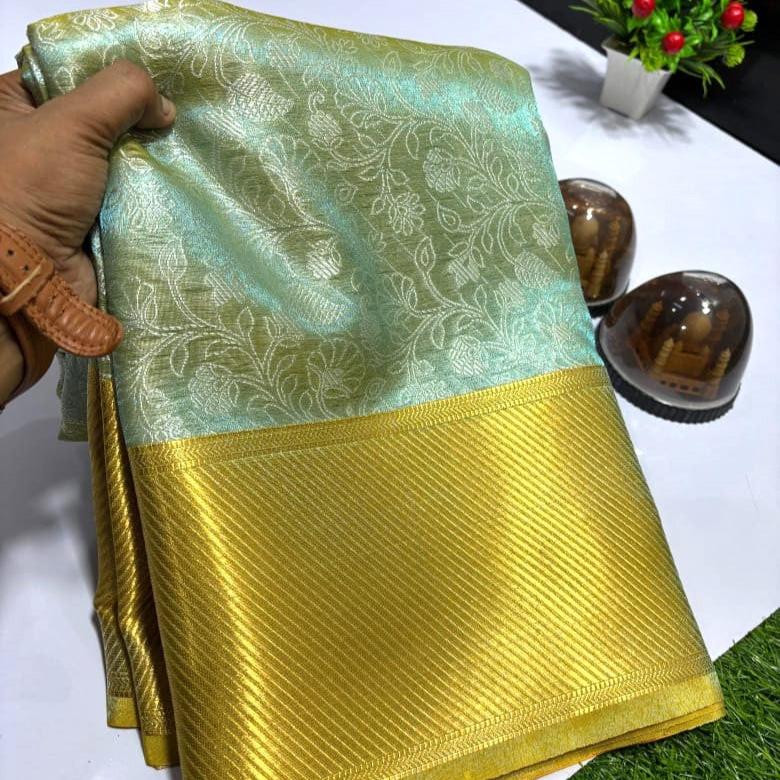 Bluish Gold Color Banarasi Tissue Silk Saree Alna Apparels