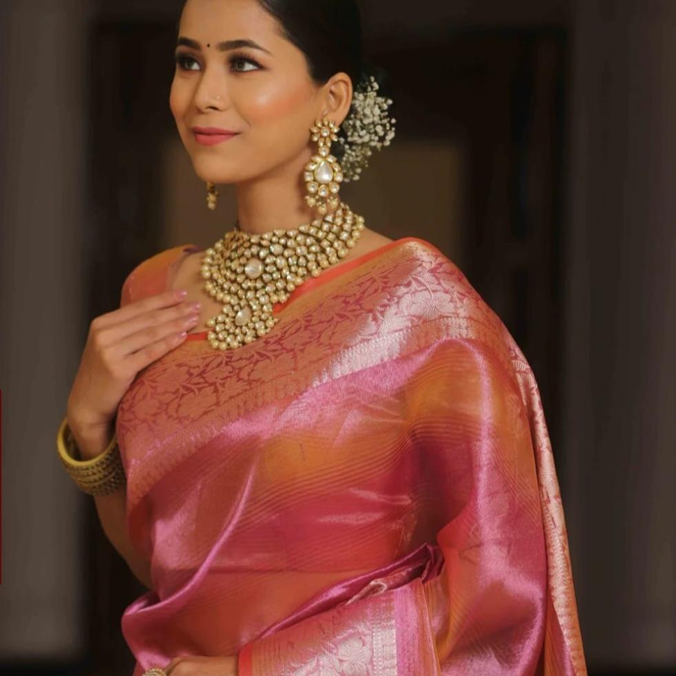 Pink Banarasi Tissue Silk Saree Alna Apparels