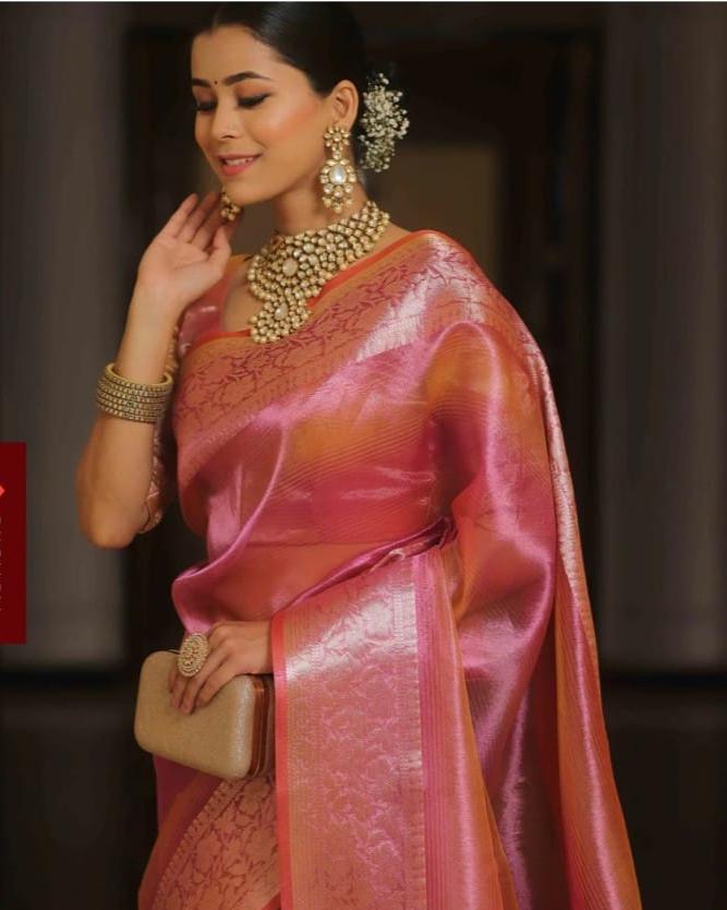 Pink Banarasi Tissue Silk Saree Alna Apparels