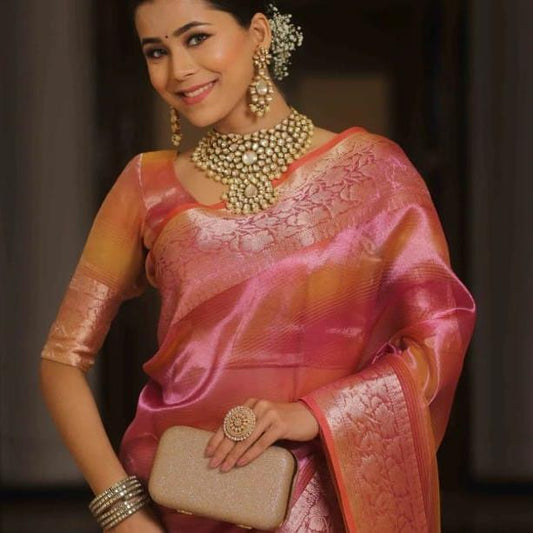 Pink Banarasi Tissue Silk Saree Alna Apparels