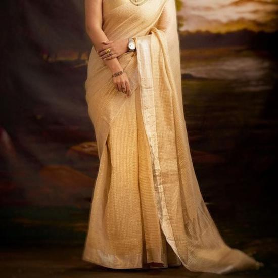 Nayantara inspired Gold Banarasi Tissue Silk Saree Alna Apparels