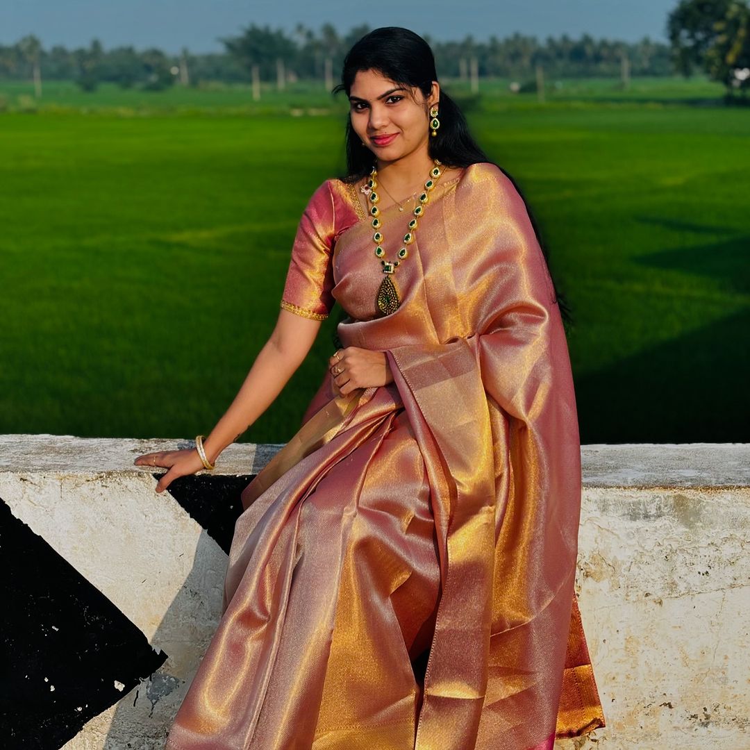 Jothika inspired Pink Banarasi Tissue Silk Saree Alna Apparels