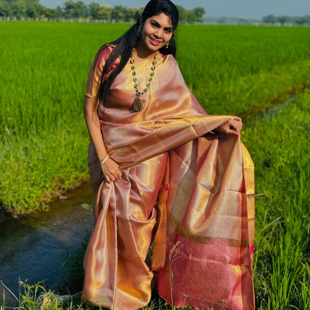 Jothika inspired Pink Banarasi Tissue Silk Saree Alna Apparels