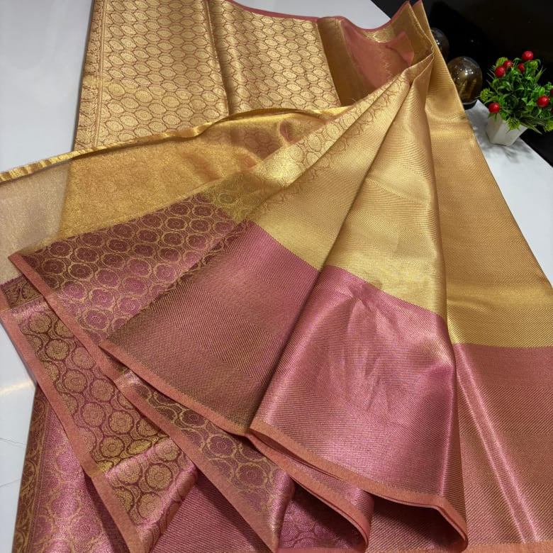 Jothika inspired Gold Banarasi Tissue Silk Saree Alna Apparels