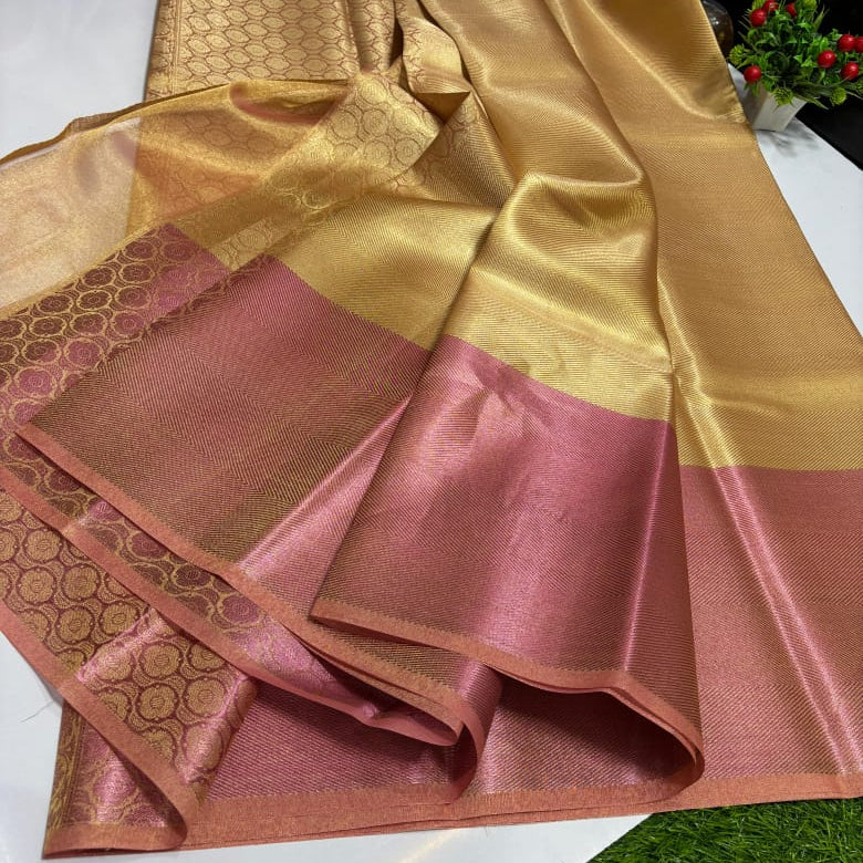 Jothika inspired Gold Banarasi Tissue Silk Saree Alna Apparels