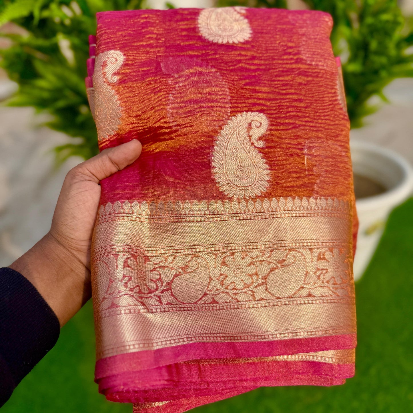 Pink Banarasi Crush Tissue Silk Saree Alna Apparels